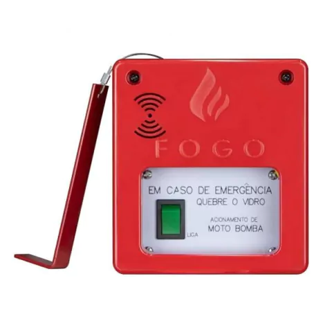 Acionador de bomba de incêndio Segurimax na cor vermelha, com botão verde para acionamento e instruções sobre quebra de vidro em caso de emergência.