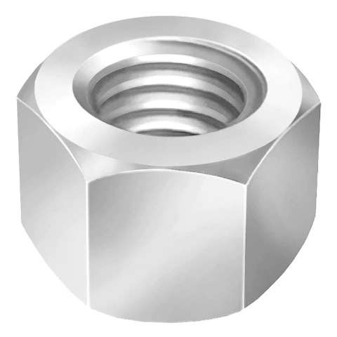 Porca sextavada em aço inox polido, com rosca interna visível.