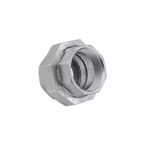 União galvanizada com assento cônico em bronze, modelo 1.1/2 Mech, mostrando detalhes da rosca interna e acabamento metálico.