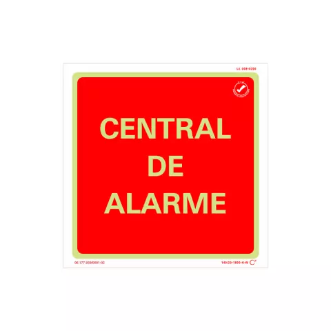 Placa de sinalização fotoluminescente retangular com fundo vermelho e texto "CENTRAL DE ALARME" em letras grandes e claras.