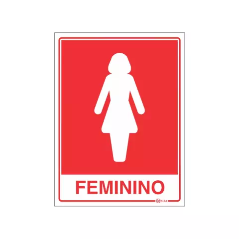 Placa de sinalização indicativa de banheiro feminino, com figura de uma mulher e fundo vermelho.