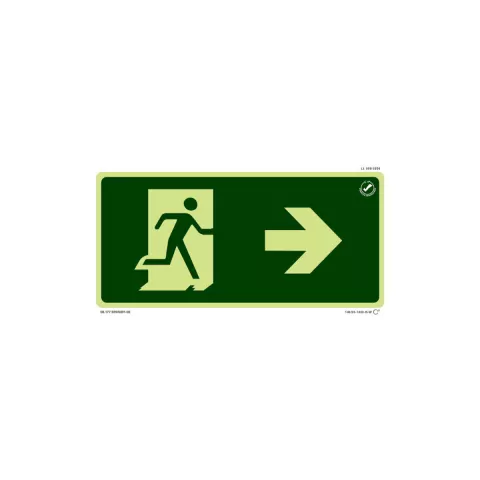 Placa de sinalização fotoluminescente indicando a rota de fuga à direita, com figura de uma pessoa correndo em direção a uma porta.