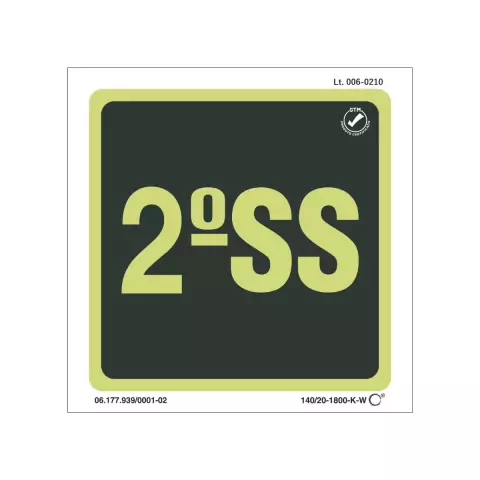 Placa de sinalização fotoluminescente indicando o 2º subsolo, com fundo verde e texto amarelo.
