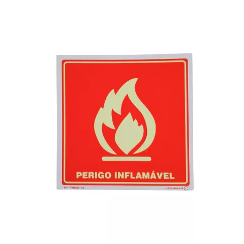 Placa de sinalização fotoluminescente com o aviso 'Perigo Inflamável' em fundo vermelho e ícone de fogo.