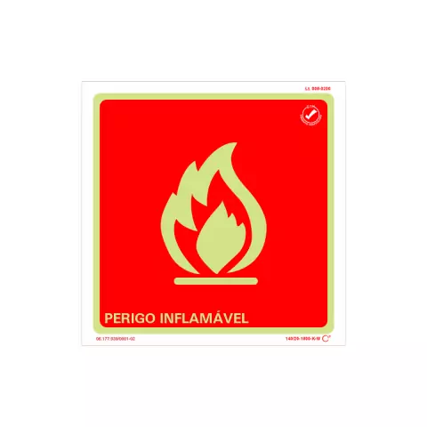 Placa de sinalização indicando perigo inflamável, com fundo vermelho e ícone de chama.