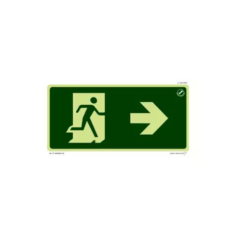 Placa de sinalização fotoluminescente indicando rota de fuga à direita, com ícone de saída e figura correndo.