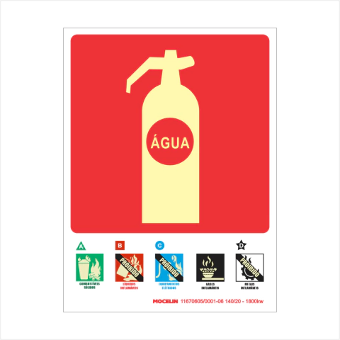Placa de sinalização fotoluminescente indicando extintor de água, com fundo vermelho e ícone de extintor.