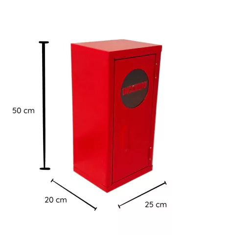 Abrigo de sobrepor para extintor de incêndio em aço galvanizado vermelho, medindo 50 cm de altura, 25 cm de largura e 20 cm de profundidade.