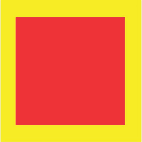 Placa de sinalização de extintor com fundo vermelho e borda amarela, medindo 1m x 1m.