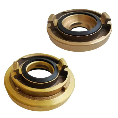 Redução Storz fixa em latão escovado, com engate rápido, mostrando as partes superior e inferior do produto.