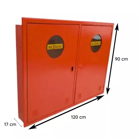 Abrigo de embutir para mangueira de incêndio, cor vermelha, com medidas de 120 cm de largura, 90 cm de altura e 17 cm de profundidade.