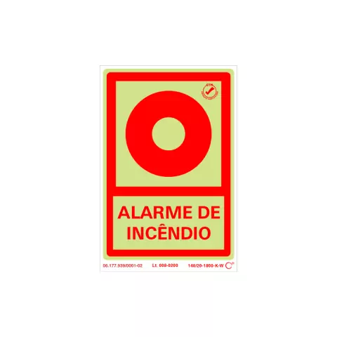 Placa fotoluminescente de alarme de incêndio com fundo verde e texto vermelho, medindo 15 x 10 cm.