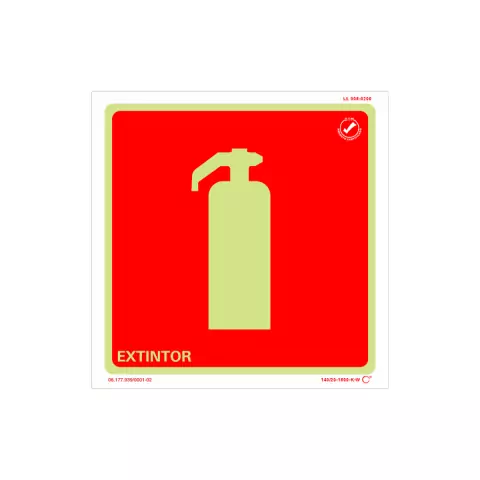 Placa de sinalização fotoluminescente para extintor, com fundo vermelho e símbolo de extintor em verde.