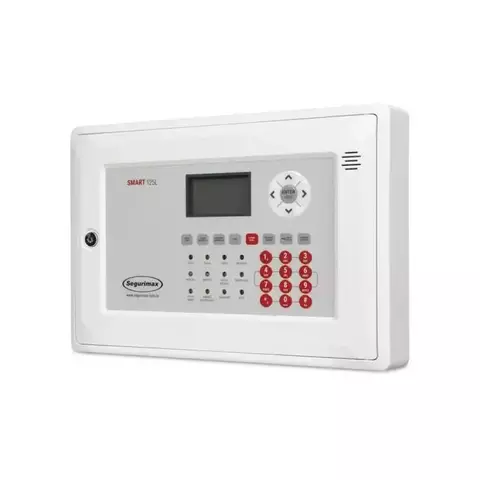 Central de Alarme de Incêndio Endereçável SMART 125L da Segurimax, com painel de controle e teclado numérico.