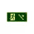 Placa de sinalização fotoluminescente indicando rota de fuga para escada abaixo, com figura de uma pessoa saindo e uma escada descendo.