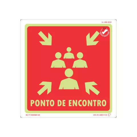 Placa de sinalização fotoluminescente indicando o ponto de encontro em emergências, com fundo vermelho e ícones de pessoas.