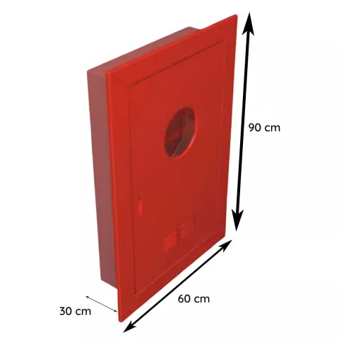 Abrigo de embutir para mangueira de incêndio na cor vermelha, medindo 90 cm de altura, 60 cm de largura e 30 cm de profundidade.