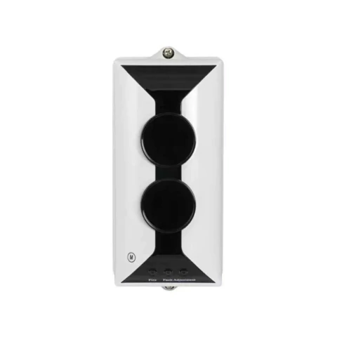 Detector de fumaça linear com design moderno, apresentando dois sensores circulares e indicadores na parte inferior.