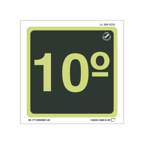 Placa fotoluminescente indicando o 10º andar, com fundo escuro e números em destaque.
