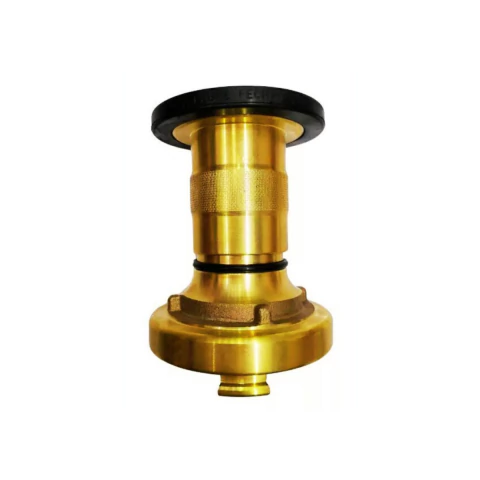 Esguicho manual regulável em latão escovado, modelo Storz 1.1/2", ideal para combate a incêndios.