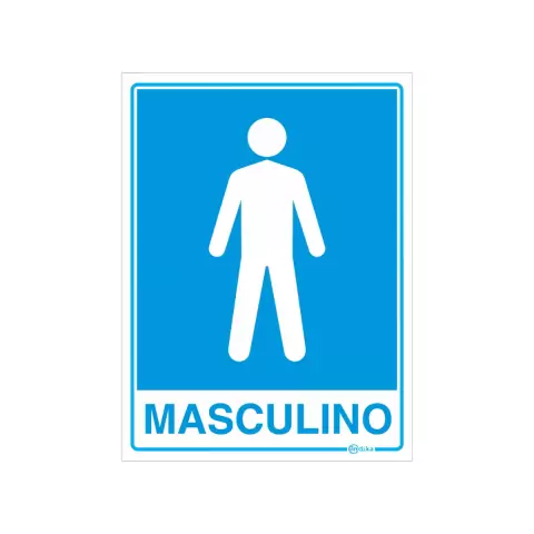 Placa de sinalização indicando banheiro masculino, com fundo azul e figura masculina em branco.