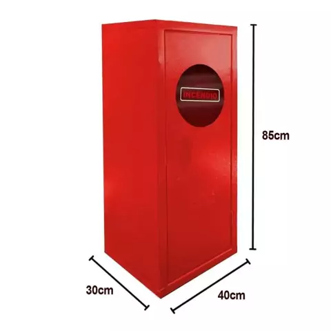 Abrigo de sobrepor para extintor de incêndio na cor vermelha, medindo 85cm de altura, 40cm de largura e 30cm de profundidade, com visor circular.