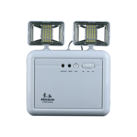 Luminária de emergência Bloco Farolete LED com 2200 lumens, apresentando duas luzes frontais e botões de controle.
