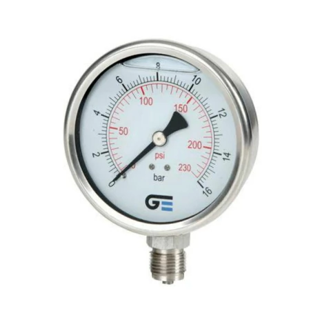 Manômetro de glicerina com diâmetro de 63mm e escala de 0 a 16 bar, montado em rosca 1/4 bsp.