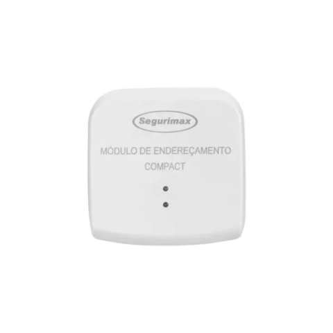 Módulo de Endereçamento COMPACT da Segurimax, dispositivo branco com luzes indicadoras.