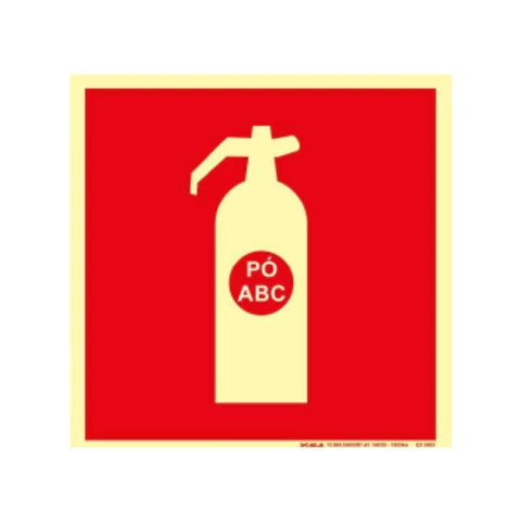 Placa de sinalização de extintor de incêndio tipo Pó ABC, medindo 15x15cm, fundo vermelho com ilustração do extintor.