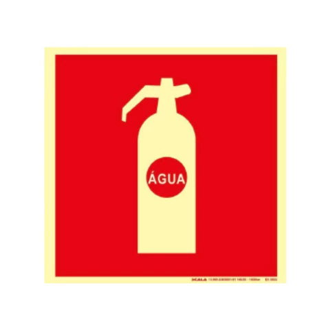 Placa sinalizadora de extintor de incêndio com a indicação de água, fundo vermelho e símbolo de extintor.