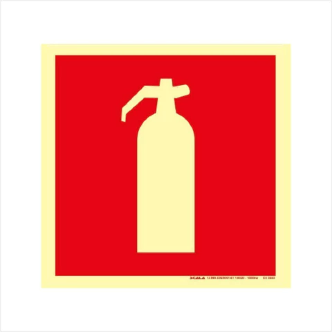 Placa de sinalização de extintor de incêndio, com fundo vermelho e um extintor desenhado em amarelo.