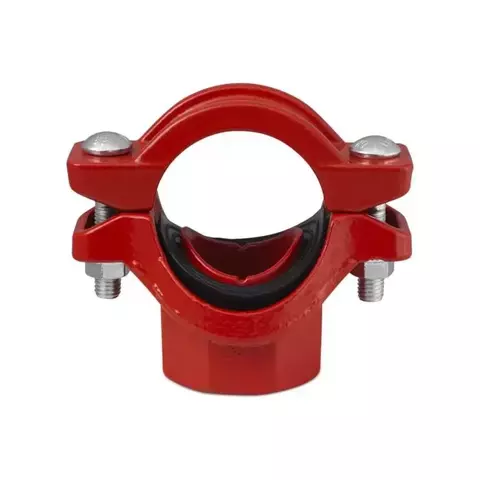 Tee mecânico ranhurado com rosca BSPT, ideal para sistemas de combate a incêndio.
