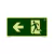 Placa de sinalização fotoluminescente indicando a rota de fuga à esquerda, com ícone de uma pessoa correndo em direção à saída.