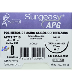 Acido Poliglicolico APG 0 Aguja Ahusada de 37 mm Hebra 68 cm Violeta Marca Surgeasy Caja con 12 Piezas