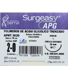 Acido Poliglicolico APG 2-0 Aguja Ahusada de 26 mm Hebra 70 cm Violeta Marca Surgeasy APMT2620 Caja con 12 Piezas