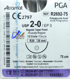 Acido Poliglicolico PGA 2-0 Aguja ahusada de 26 mm Hebra 75 cm Violeta R2692-75 Atramat Linea Convencional - comprar en línea