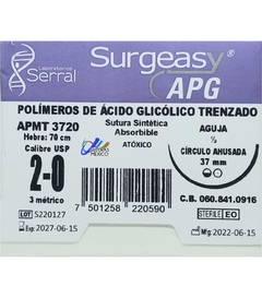 Acido Poliglicolico APG 2-0 Aguja Ahusada de 37 mm Hebra 70 cm Violeta Marca Surgeasy APMT3720 Caja con 12 Piezas