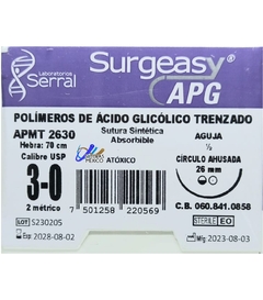 Acido Poliglicolico APG 3-0 Aguja Ahusada de 26 mm Hebra 70 cm Violeta Marca Surgeasy Caja con 12 Piezas