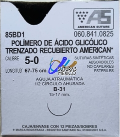 Acido Poliglicolico APG 5-0 Aguja Ahusada de 15-17 mm Hebra 67-75 Violeta Marca American Suture 85BD1 Caja con 12 Piezas Caducidad Feb-29