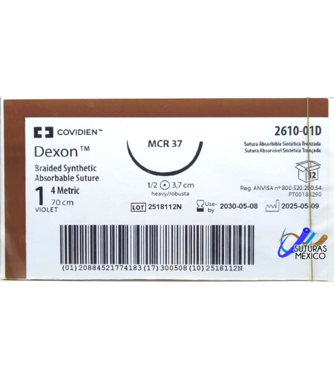 Acido Poliglicolico Dexon APG 1 Aguja Ahusada de 37 mm Hebra 70 cms 2610-01D Violeta Marca Covidien Caja con 12 Piezas - comprar en línea