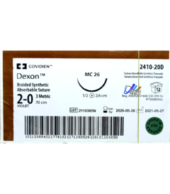 Acido Poliglicolico Dexon APG 2-0 Aguja Ahusada de 26 mm Hebra 70 cms Violeta Marca Covidien Caja con 12 Piezas