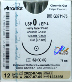 Catgut Cromico 0 Aguja Ahusada Gruesa de 37 mm Hebra 75 cms Marca Atramat G3711-75 Linea Convencional Caja con 12 Piezas