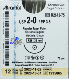 Catgut Cromico 2-0 Aguja Ahusada de 26 mm Hebra 75 cms Marca Atramat R2612-75 Linea Convencional Caja con 12 Piezas