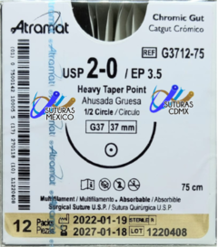 Catgut Cromico 2-0 Aguja Ahusada Gruesa de 37 mm Hebra 75 cms Marca Atramat G3712-75 Linea Convencional Caja con 12 Piezas