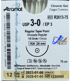 Catgut Cromico 3-0 Aguja Ahusada de 26 mm Hebra 75 cms Marca Atramat R2613-75 Caja con 12 Piezas Linea Convencional