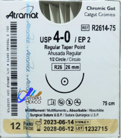 Catgut Cromico 4-0 Aguja Ahusada de 26 mm Hebra 75 cms Marca Atramat SR2614-75 Caja con 12 Piezas Linea Convencional