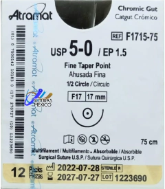 Catgut Cromico 5-0 Aguja Ahusada Fina de 17 mm Hebra 75 cms Marca Atramat F1715-75 Linea Convencional Caja con 12 Piezas