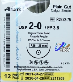 Catgut Simple 2-0 Aguja Ahusada Regular de 26 mm Hebra 75 cms Marca Atramat R2622-75 Linea Convencional Caja con 12 Piezas