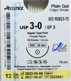 Catgut Simple 3-0 Aguja Ahusada Regular de 26 mm Hebra 75 cms Marca Atramat R2623-75 Linea Convencional Caja con 12 Piezas